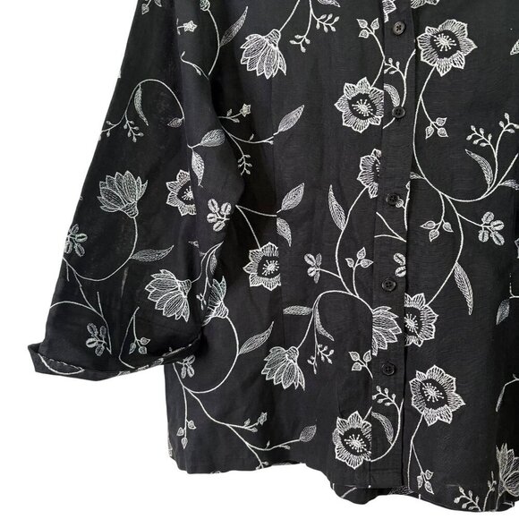 Talbots Women's Irish Linen Black Blouse Floral Embroidery 3/4 Sleeve Size Large - Picture 8 of 12
